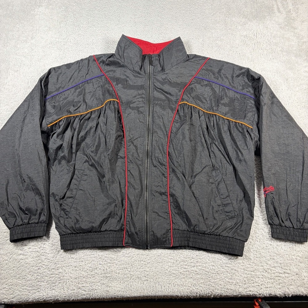 VINTAGE 90s Reebok Windbreaker Jacket Mens XL Black Nylon Retro Track Colorblock